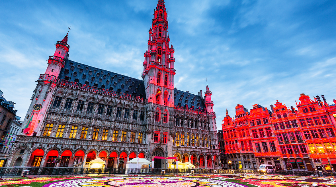 The main square and town hall in Brussels during the colourful Flower Carpet festival